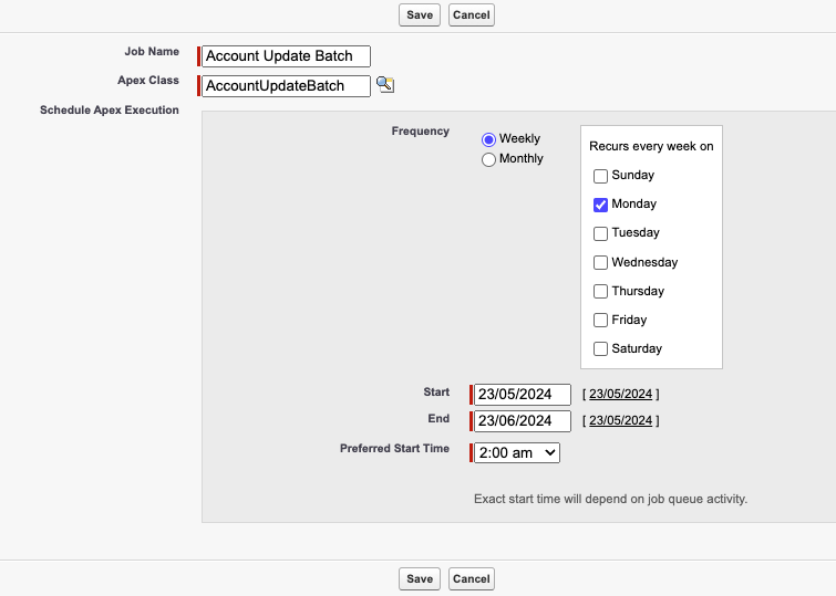 Schedule batch apex job screen in salesforce Schedule batch apex job screen in salesforce